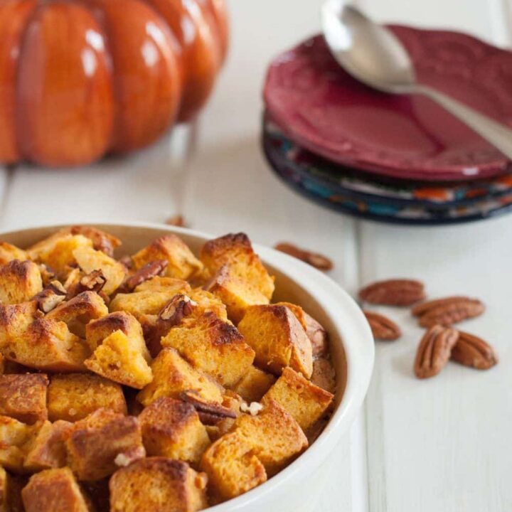 Pumpkin challah bread pudding. A delicious dessert for Thanksgiving or anytime this Fall!