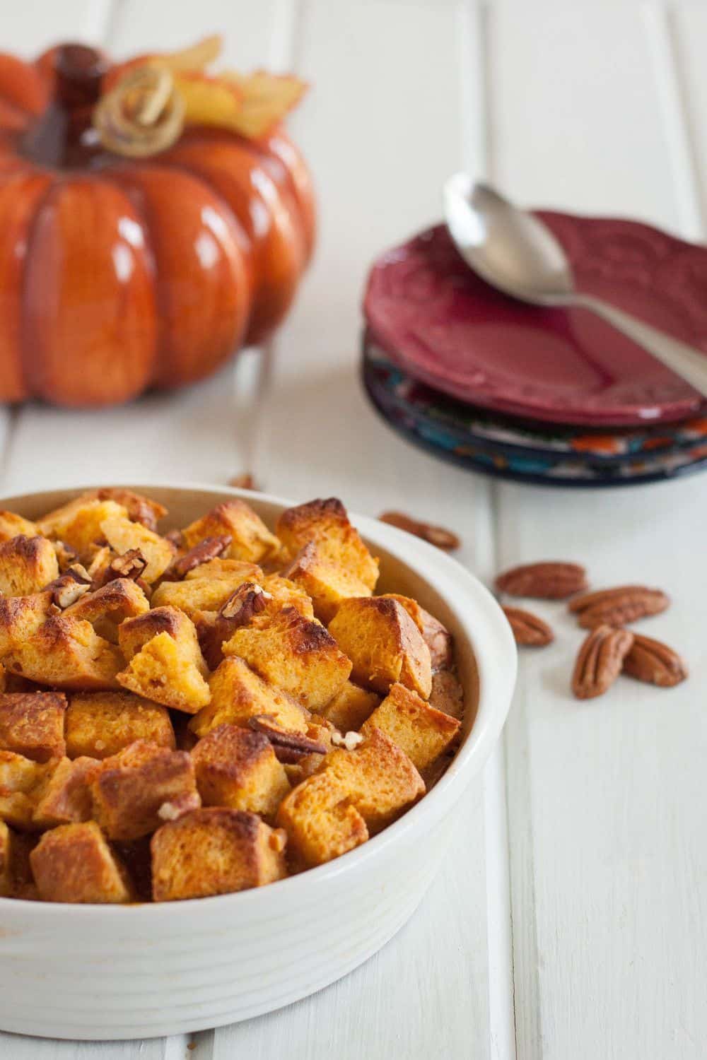 Pumpkin challah bread pudding. A delicious dessert for Thanksgiving or anytime this Fall! 
