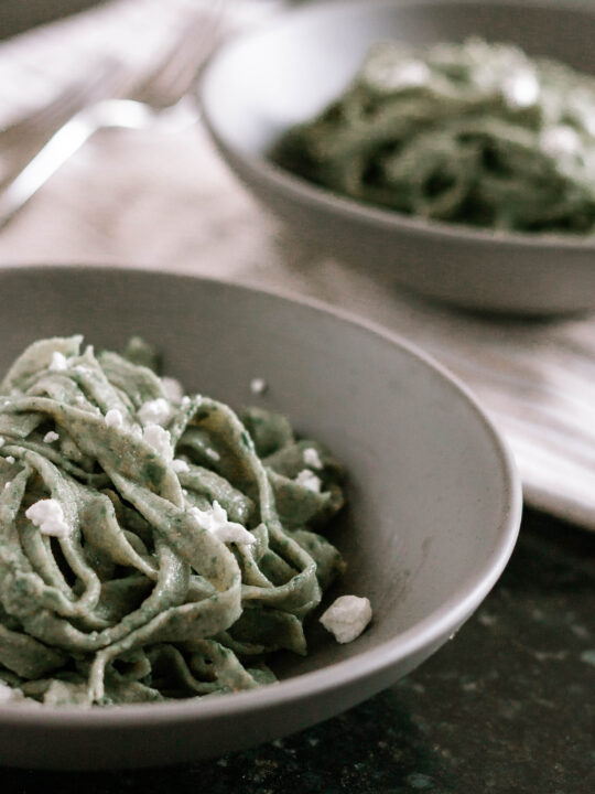 offset photo of prepared fresh spinach pasta in low grey bowls, cut into a thick noodle shape
