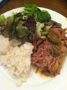 Slow Cooker Ropa Vieja served with rice and salad || Goodie Godmother