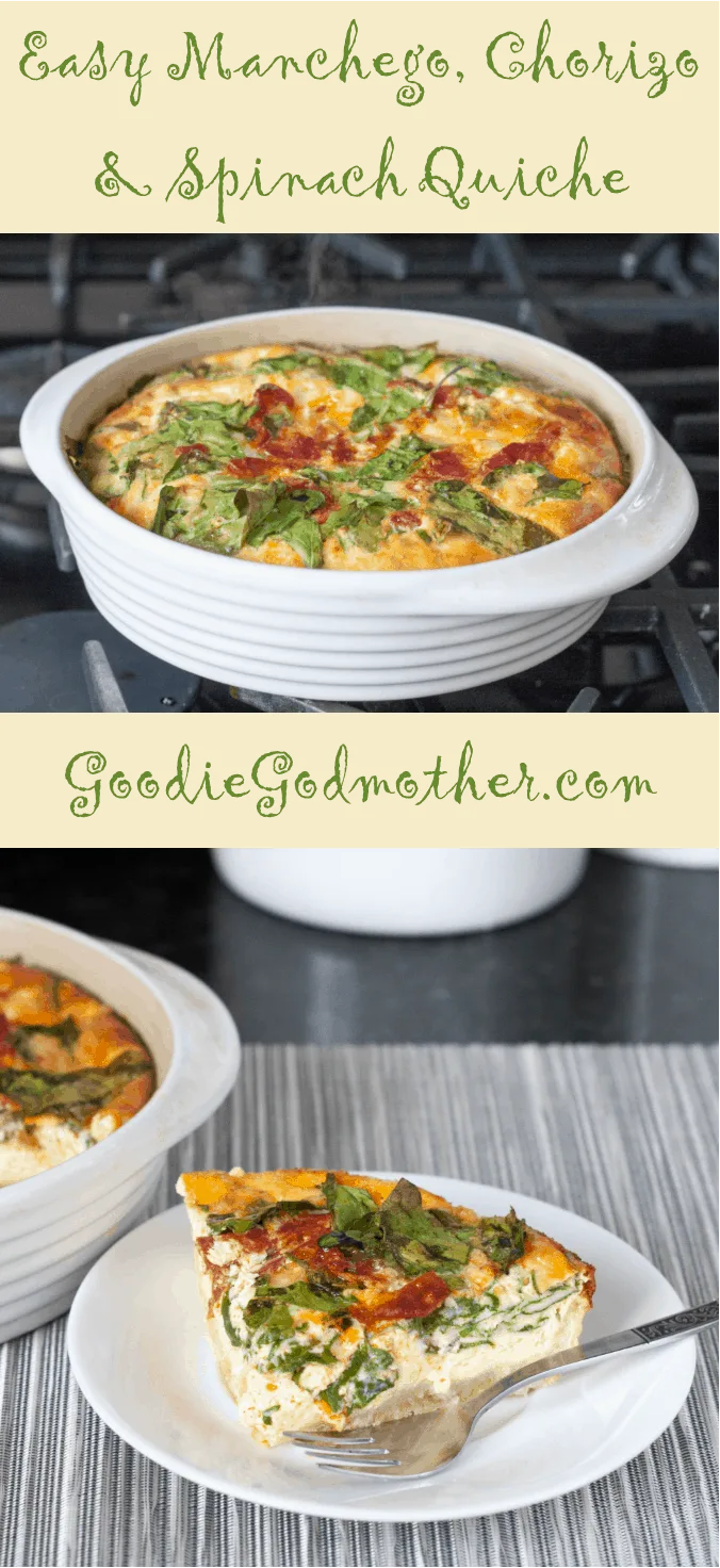 Easy Spanish Chorizo, Manchego, Spinach Quiche with an olive oil crust. With only minutes of active prep time, you can create an impressive dish perfect for a light meal. Get the recipe on GoodieGodmother.com
