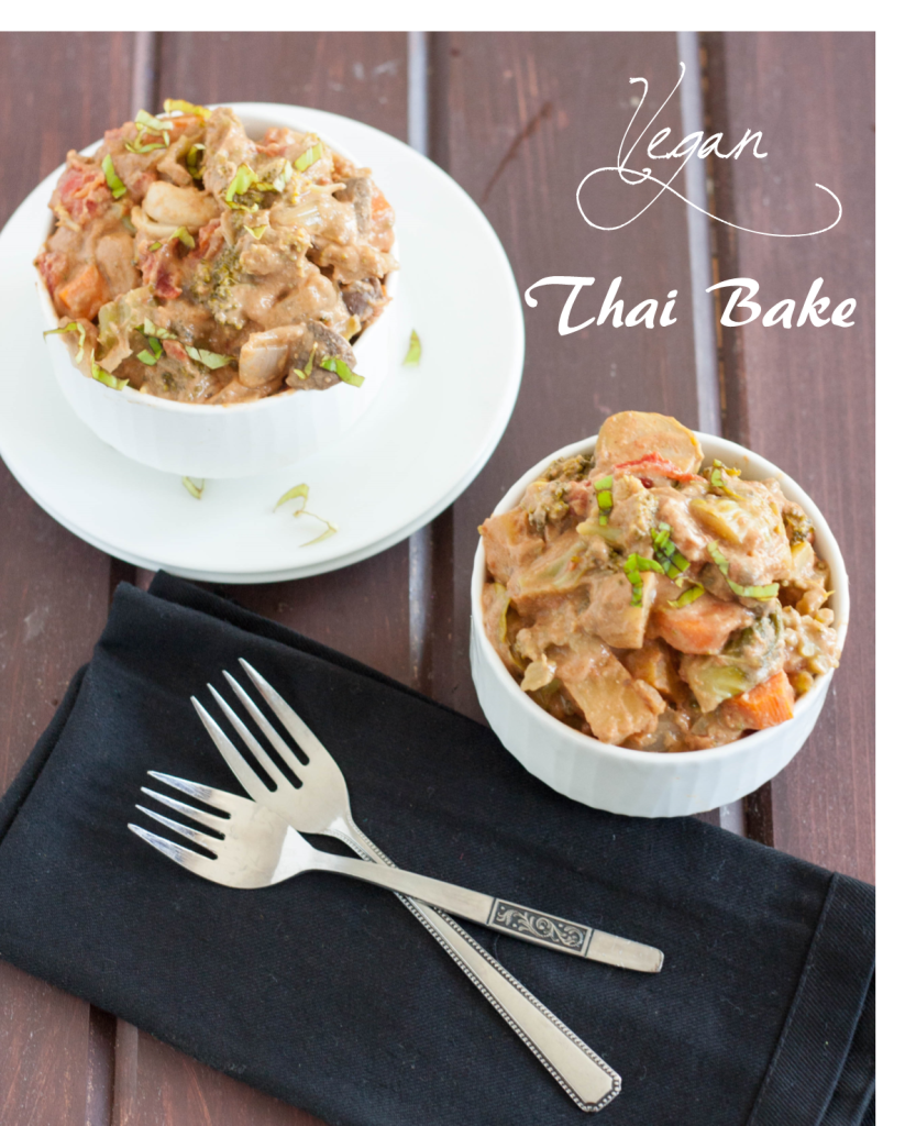 Vegan Thai Bake - This easy recipe is packed with protein thanks to nut butters and dairy-free milks, and has an amazing flavor profile thanks to Thai curry paste. Use your favorite seasonal vegetables, and it's easy and cheap comfort food for a crowd. 