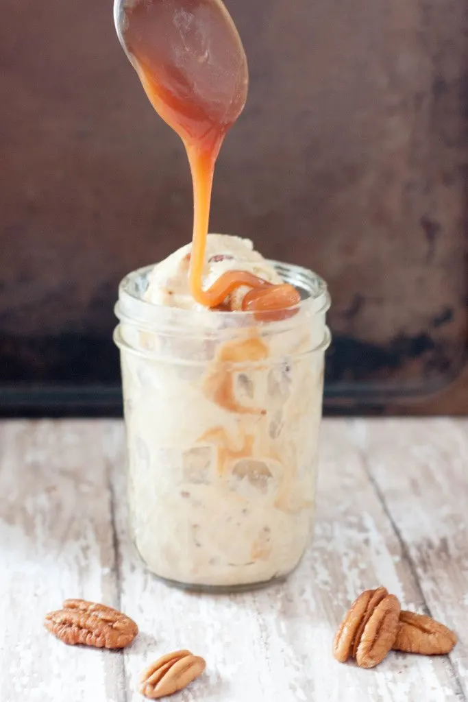 Bourbon Pecan Caramel Ice Cream - a delicious homemade boozy ice cream recipe on GoodieGodmother.com