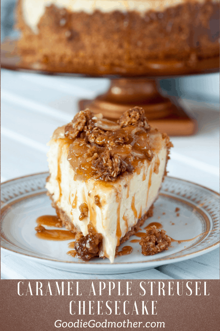 Caramel Apple Cheesecake - A creamy vanilla bean cheesecake on a cinnamon graham crust topped with a homemade apple pie filling, a crunchy streusel topping, and liberally drizzled with caramel sauce! Get the recipe on GoodieGodmother.com