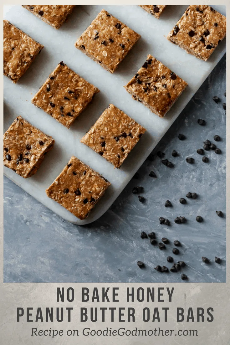 No bake honey peanut butter oat bars make an easy, fun snack perfect for the whole family to grab-and-go! * GoodieGodmother.com #nobake #peanutbutter #honey #diygranolabars #easysnack