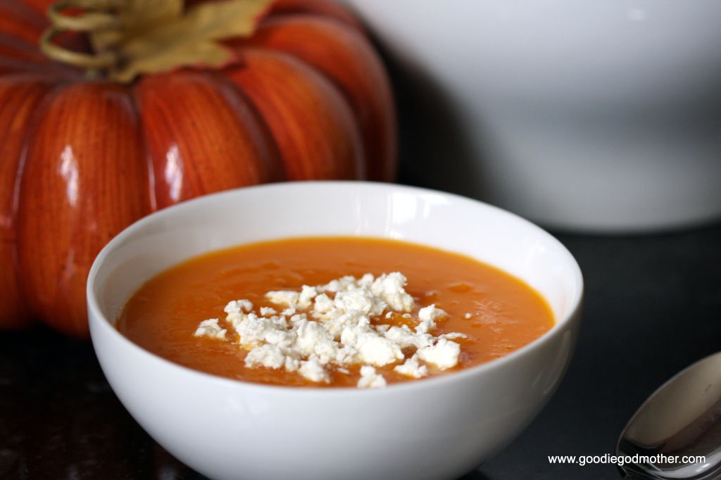 Roasted Butternut Squash Pumpkin Soup Topped with Crumbled Goat Cheese
