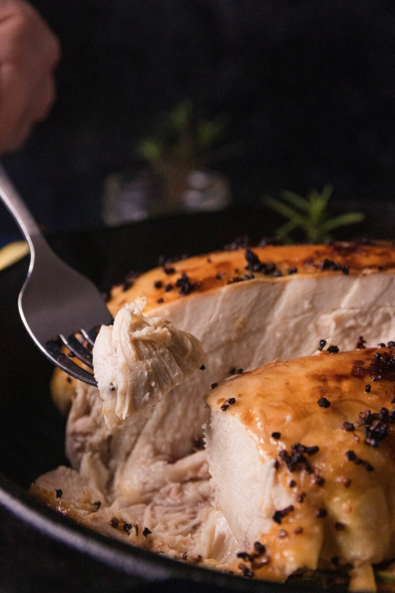 a piece of roast chicken breast on a fork to show how the meat is moist 