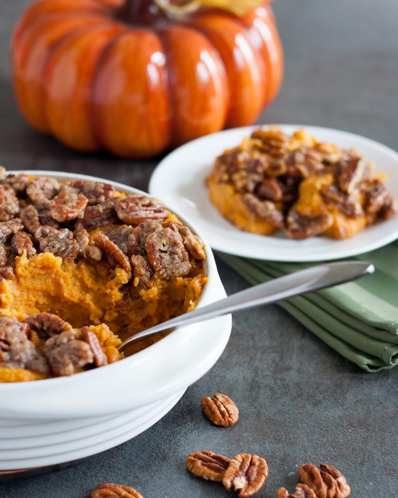 Need a "not too sweet" sweet potato casserole? This sweet potato casserole with pecans is a family favorite and so easy for Thanksgiving! * Recipe on GoodieGodmother.com