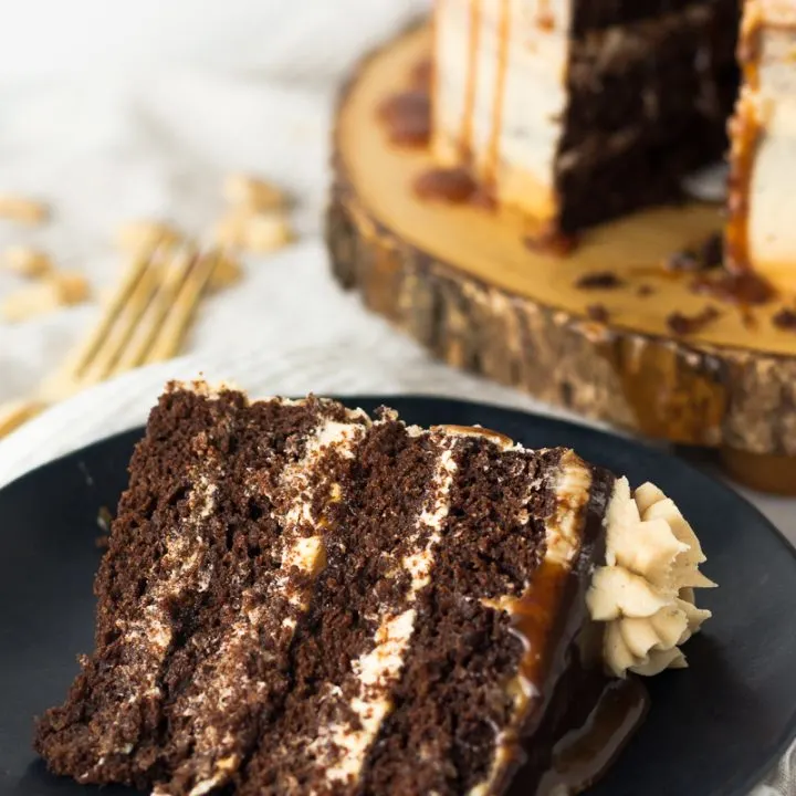 Salted Caramel Peanut Butter Chocolate Cake - rich chocolate cake layered with salted caramel and a from scratch peanut butter frosting * Recipe on GoodieGodmother.com