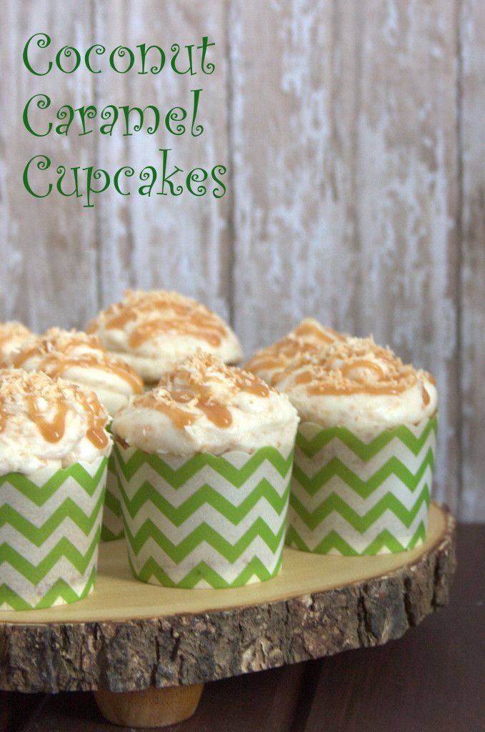 Toasted coconut topped caramel stuffed cupcakes, what's not to love?