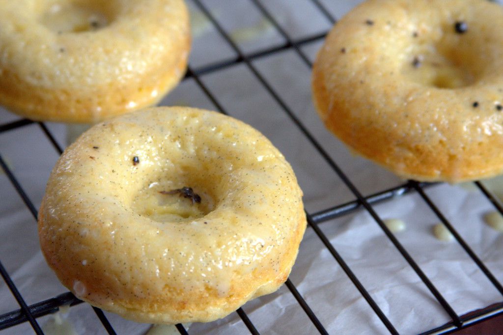 Baked Meyer lemon doughnut recipe with a vanilla bean white chocolate ganache glaze