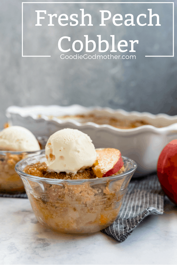 Fresh peach cobbler is a hallmark summertime recipe! You can make peach cobbler year round, but there's something extra special about a summer fruit cobbler with fresh peaches. Peach cobbler is a great easy recipe for summer entertaining.  * GoodieGodmother.com
