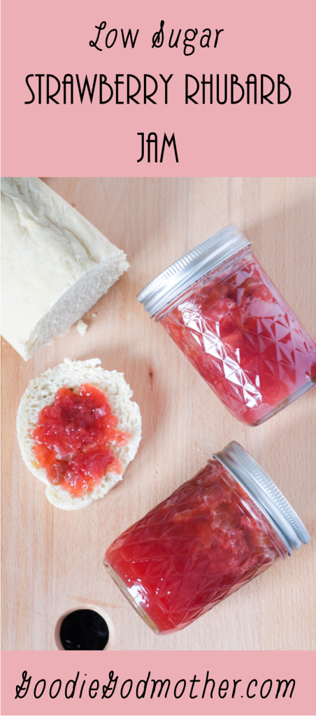 Low sugar strawberry rhubarb jam is an easy way to preserve summer flavors for gifting or year-round enjoyment. Recipe on GoodieGodmother.com
