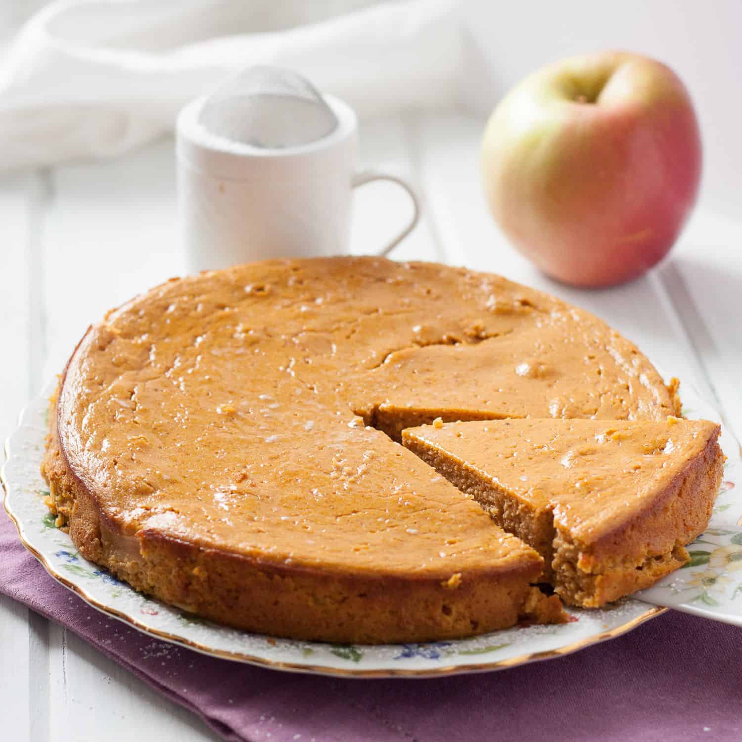 Gluten free plantain apple cake you make in the BLENDER! Easy, refined sugar free, option included for oil free, and paleo-approved.