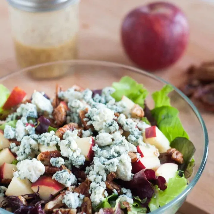 This salad is perfect for fall! Blue cheese crumbles, quick candied pecans, fresh apples, dark leafy greens, and an easy red wine vinaigrette. It's healthy fall comfort food!