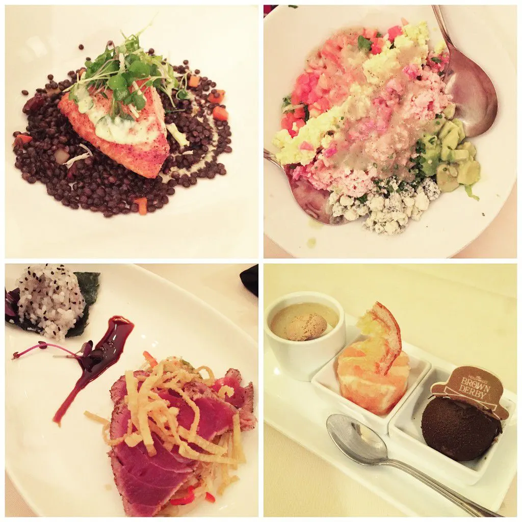 Brown Derby Lunch (clockwise from top left) - salmon, Cobb salad, seared tuna, dessert trio