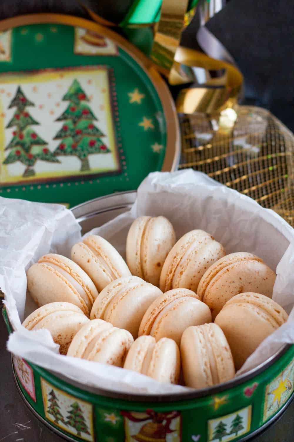 Homemade eggnog macarons - a perfect Christmas cookie treat! Eggnog macaron recipe on GoodieGodmother.com