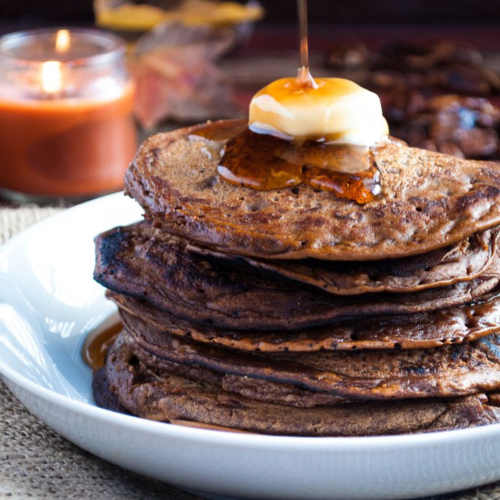 Chocolate Pumpkin Pancakes with Bourbon Maple Syrup - 25 Amazing Brunch Recipes you should resolve to make in 2016! Get the full list on GoodieGodmother.com