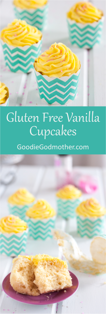 You won't believe these are gluten free vanilla cupcakes! My favorite recipe so far, and the best part is that it contains NO gums. Get the recipe on GoodieGodmother.com