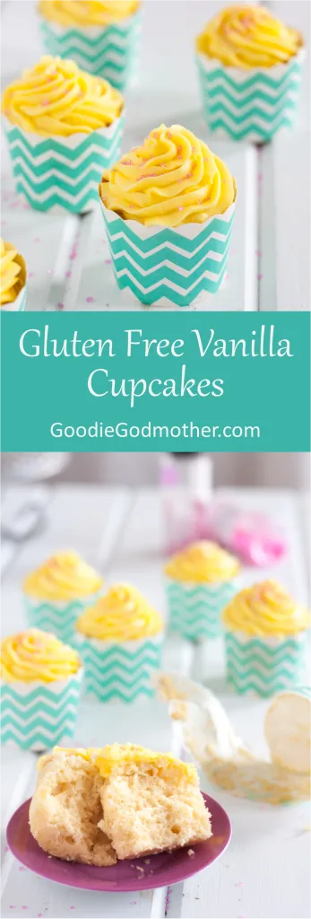 You won't believe these are gluten free vanilla cupcakes! My favorite recipe so far, and the best part is that it contains NO gums. Get the recipe on GoodieGodmother.com