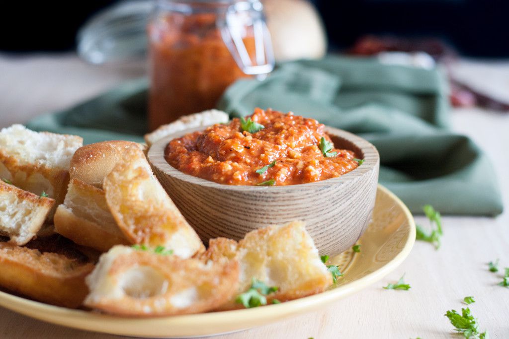 Enjoy this delicious red pepper dip from Spain with just minutes of prep time! Easy Romesco Sauce Recipe on GoodieGodmother.com