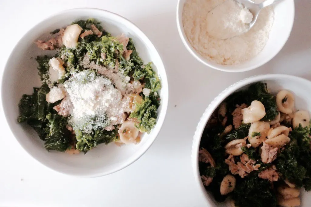 Oricchette Pasta with Kale and Ground Turkey - A versatile pasta recipe perfect for romantic dinners, dinner parties, or lunch at the office! Recipe on GoodieGodmother.com
