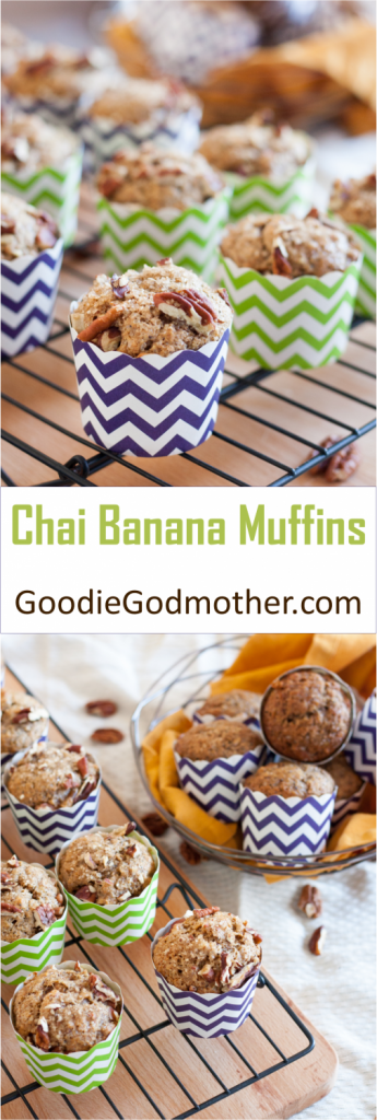 Chai Banana Muffins - whole wheat banana muffins with a chai twist! Delicious and freezer friendly for a better breakfast on the go. Recipe on GoodieGodmother.com
