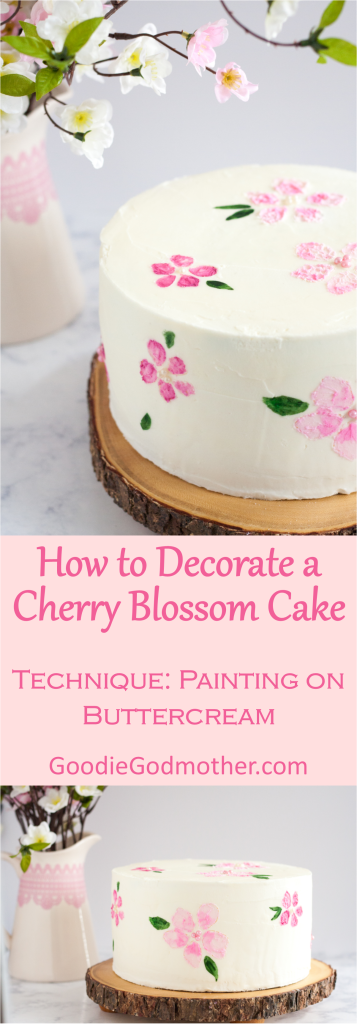 Check out this cherry blossom cake tutorial to learn how to decorate a cherry blossom cake by painting on buttercream! Tutorial, FREE stencil printable, and video on GoodieGodmother.com
