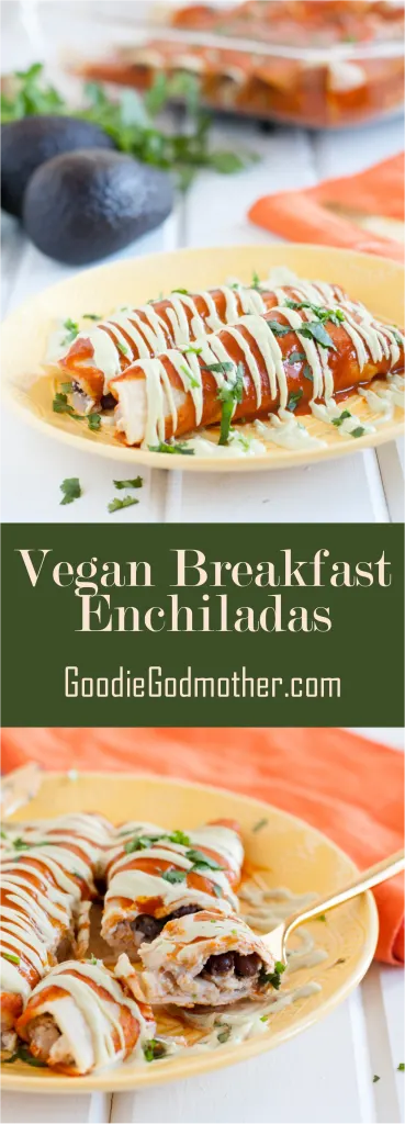Vegan breakfast enchiladas! A delicious, savory vegan breakfast recipe that's so good, even "tofu haters" won't care. Recipe on GoodieGodmother.com