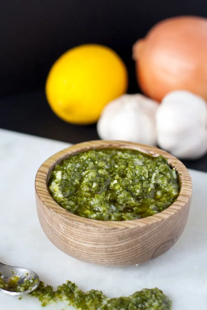 Cuban Style Chimichurri Sauce - a garlicky, fresh-flavored condiment perfect to have on hand for a variety of dishes. Ready in minutes with the recipe on GoodieGodmother.com