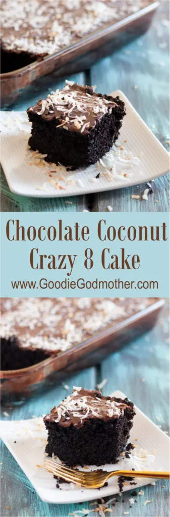 Chocolate Coconut Crazy 8 Cake - A one pan cake with no eggs, milk, or butter. Mix and bake in the same pan! This recipe is extra decadent with a vegan ganache topping. * GoodieGodmother.com