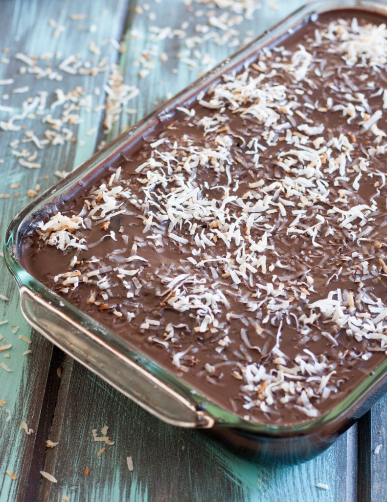 Chocolate Coconut Crazy 8 Cake - A one pan cake with no eggs, milk, or butter. Mix and bake in the same pan! This recipe is extra decadent with a vegan ganache topping. * GoodieGodmother.com
