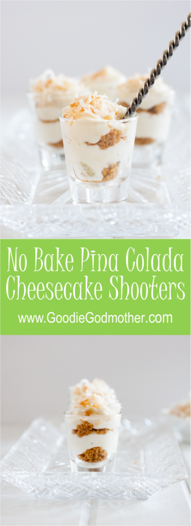 Dessert shooters make a fun and unique treat to take to a party. These no bake piña colada cheesecake shooters are the perfect mini dessert for summer fun! * GoodieGodmother.com
