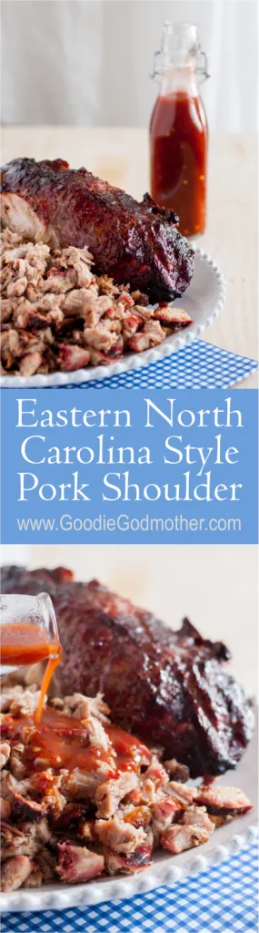  *Can’t cook the whole hog? Don’t worry! The Godfather's Eastern North Carolina Style Pork Shoulder recipe and the accompanying slightly spicy vinegar sauce still satisfies your North Carolina barbecue cravings! This smoked pork can be cooked in as little as 4-6 hours in your grill, which creates a beautiful slow roasted boneless pork shoulder. #BBQ #vinegarsauce #porkshoulder #grilledpork #smokedpork
