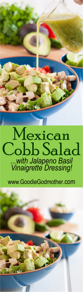 Fresh flavors shine in this Mexican Cobb Salad with a jalapeno basil vinaigrette! #ad #VidaAguacate * Recipe on GoodieGodmother.com