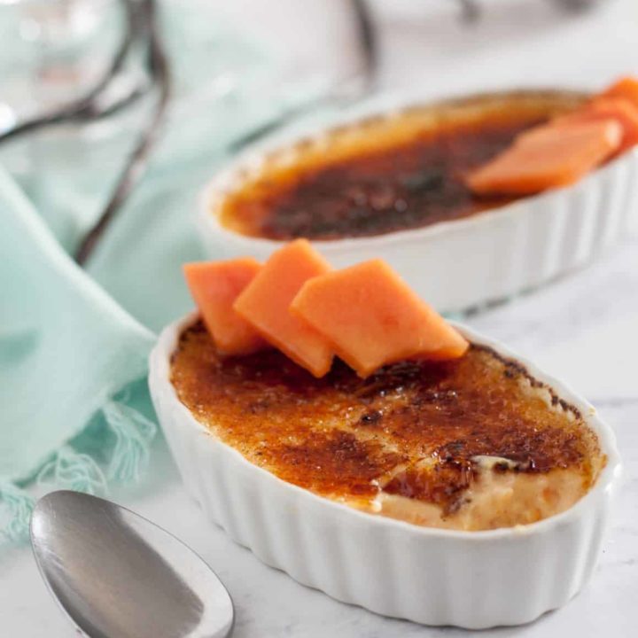 Papaya Creme Brulee - A delicious make ahead dessert with just the right hint of fresh papaya flavor! * Recipe on GoodieGodmother.com