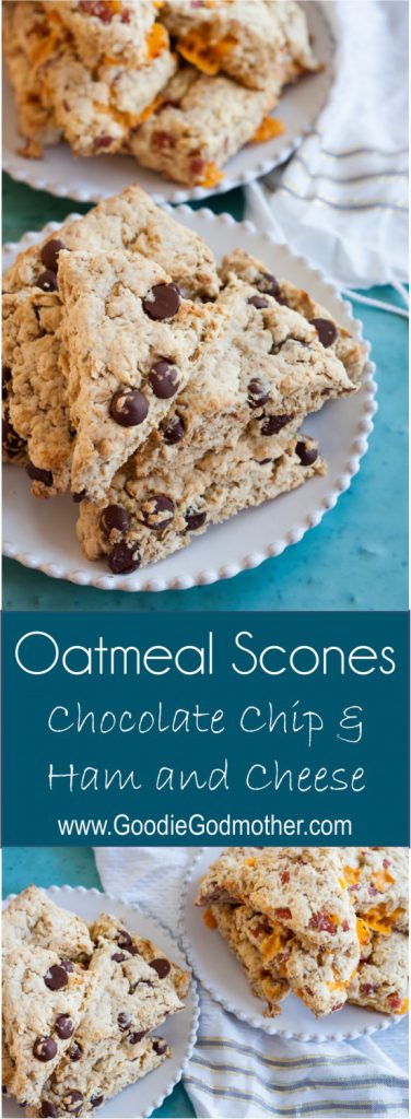Oatmeal Scones Two Ways - Recipes for ham and cheese oatmeal scones and chocolate chip oatmeal scones. These are great to make in advance and freeze for easy, heat and go breakfasts later! * GoodieGodmother.com 