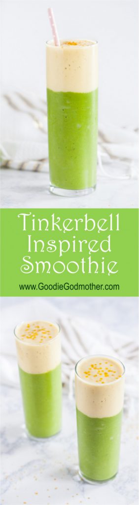 This Tinkerbell inspired smoothie may not give you the ability to fly, but its nutritious ingredients and lovely layering do make days a little more magical! Pineapple spinach layered smoothie recipe on GoodieGodmother.com