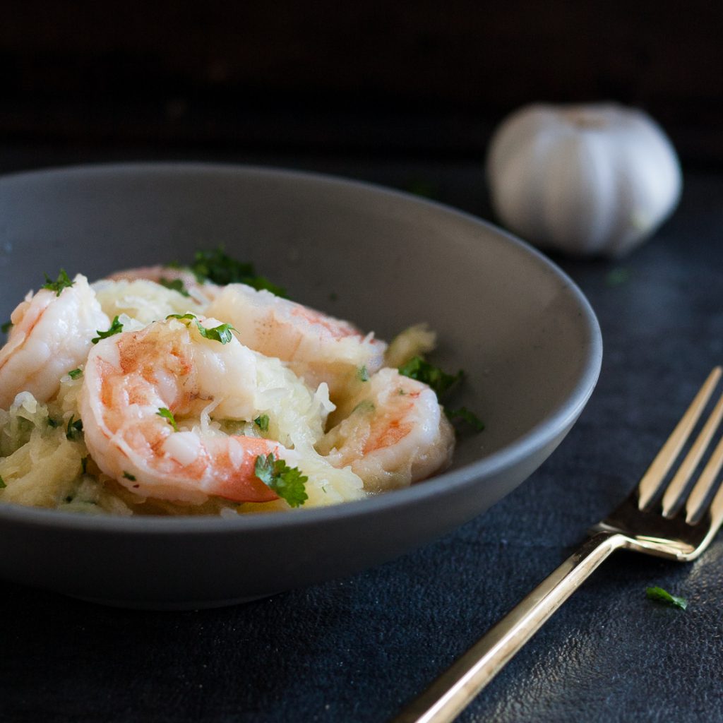 Spaghetti Squash Shrimp Scampi is a great low carb recipe! Post includes tips for preparing squash so dinner can be ready in minutes. * GoodieGodmother.com