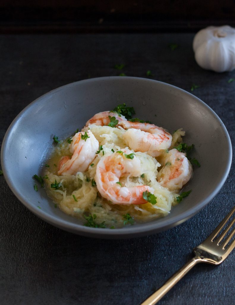 Spaghetti Squash Shrimp Scampi is a great low carb recipe! Post includes tips for preparing squash so dinner can be ready in minutes. * GoodieGodmother.com