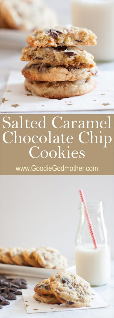 These soft and chewy salted caramel chocolate chip cookies are everything! * Recipe on GoodieGodmother.com