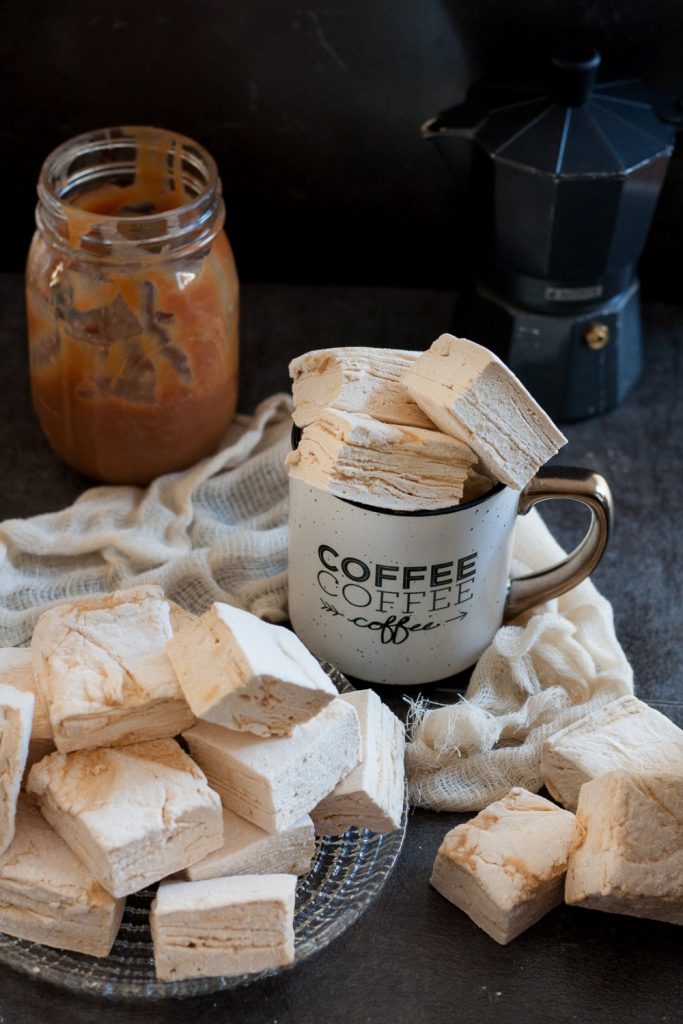 A rich caramel swirl rippled perfectly through pillowy coffee flavored marshmallows. These caramel latte marshmallows are coffee-lover gourmet marshmallow perfection, and perfect to make at home. * Recipe on GoodieGodmother.com