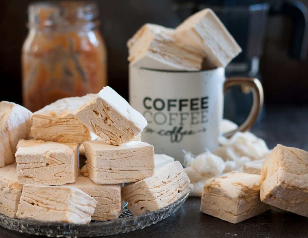 A rich caramel swirl rippled perfectly through pillowy coffee flavored marshmallows. These caramel latte marshmallows are coffee-lover gourmet marshmallow perfection, and perfect to make at home. * Recipe on GoodieGodmother.com