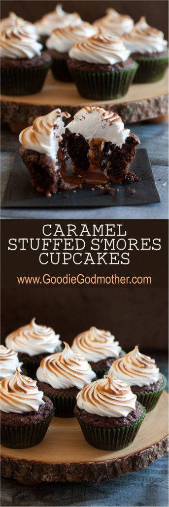 Caramel stuffed s'mores cupcakes... yes, please! This s'mores cupcake recipe has all the flavors of everyone's favorite fireside treat with an extra delicious surprise inside. * Recipe on GoodieGodmother.com