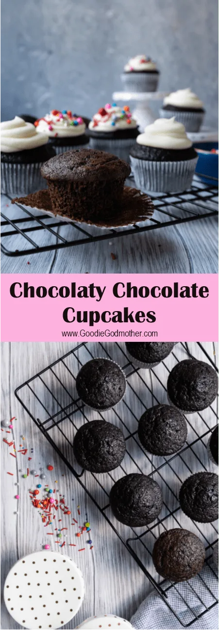 What's the point of chocolate cake if there's not chocolate in the batter? Problem solved with these chocolaty chocolate cupcakes! This perfect chocolate cupcake recipe is the only one I need... * Recipe on GoodieGodmother.com