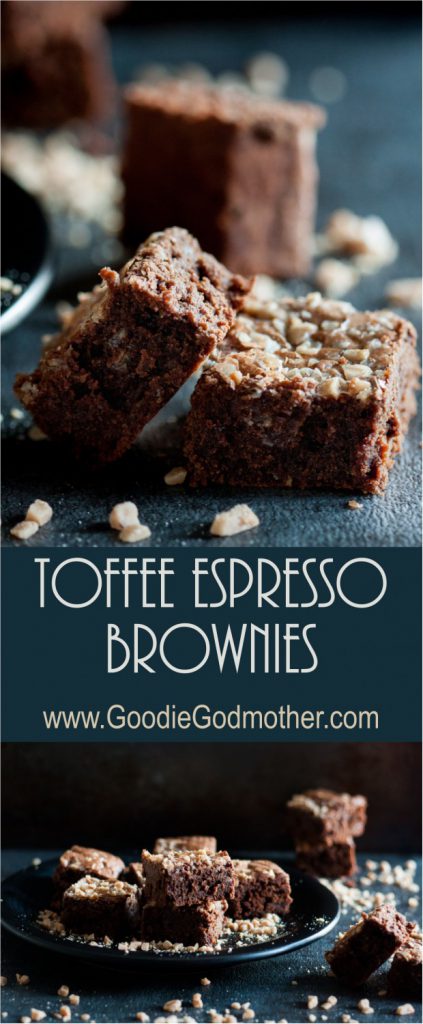 Rich chocolate toffee espresso brownies are a perfect unique chocolate brownie indulgence. They have just a hint of coffee flavor and a nutty toffee crunch! * Recipe on GoodieGodmother.com