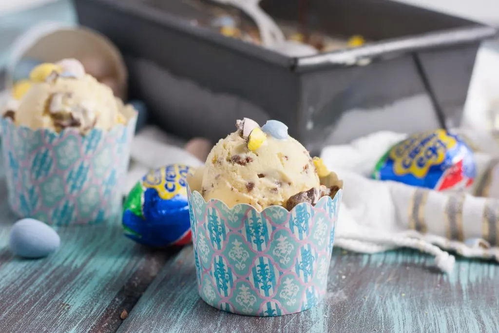 Homemade gelato is ultra creamy, sweet, and this version is a unique make ahead dessert to serve in springtime! Cadbury creme egg gelato is a great way to use all that Easter chocolate! * Recipe on GoodieGodmother.com