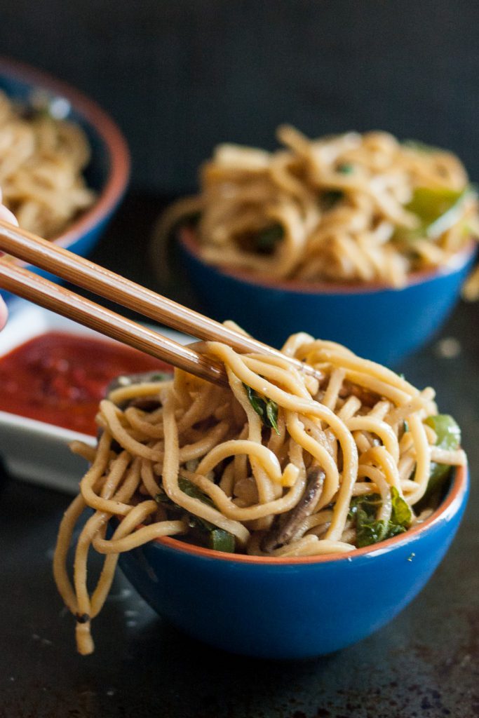 A few minutes is all it takes to whip up this easy garlicky vegetable lo mein recipe! This is a great quick takeaway "copycat" recipe for weeknight meals. * Recipe on GoodieGodmother.com