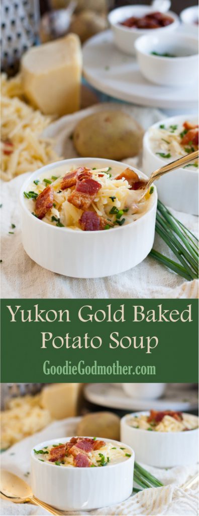 A classic comforting soup recipe, this Yukon Gold baked potato soup is a family favorite! * Recipe on GoodieGodmother.com
