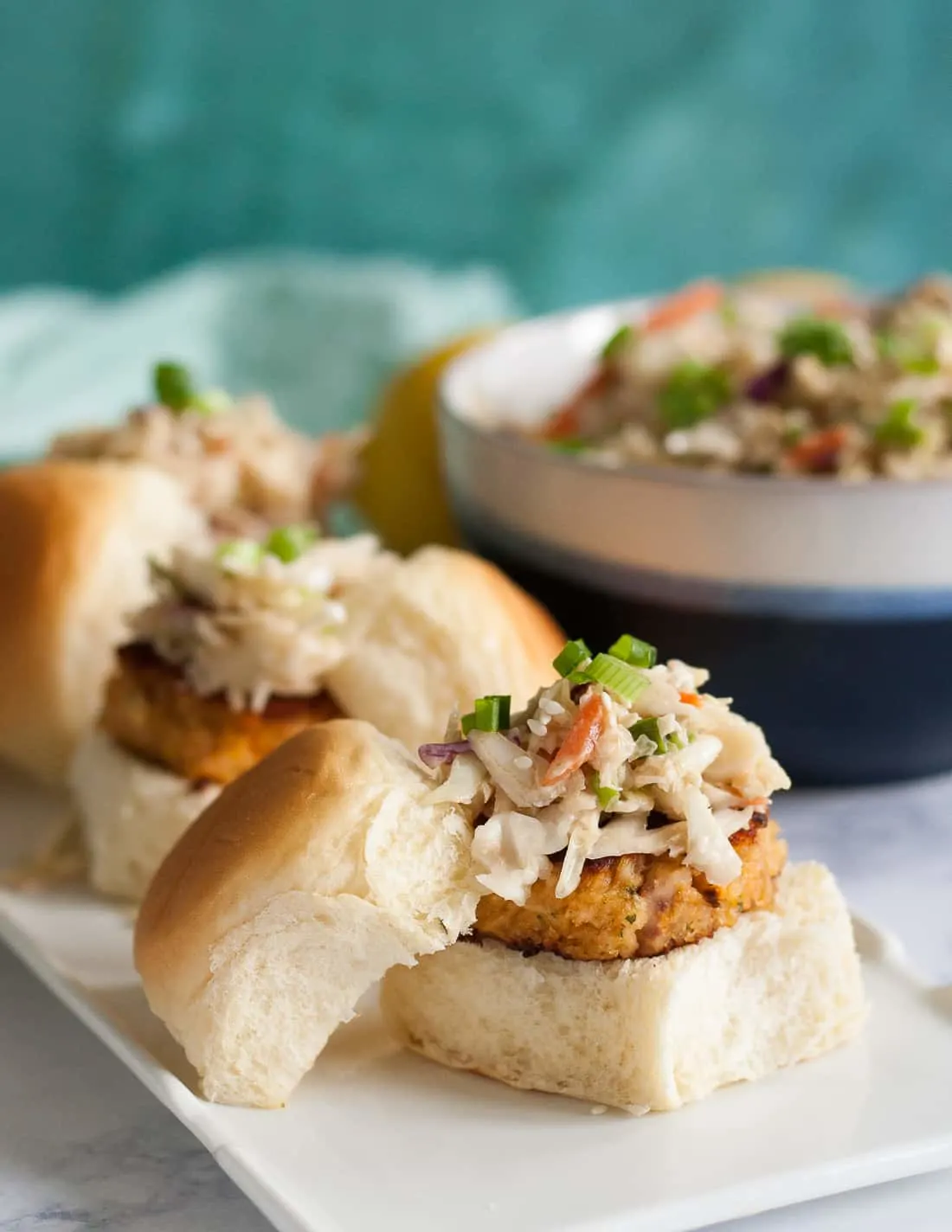 Easy Asian Tuna sliders topped with a creamy Asian slaw are a unique slider recipe ready in minutes! * GoodieGodmother.com